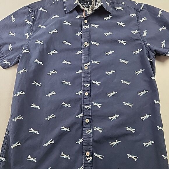 DENIM & FLOWER Ricky Singh Small Blue Casual Button up Collared Shirt Airplane - Picture 4 of 7
